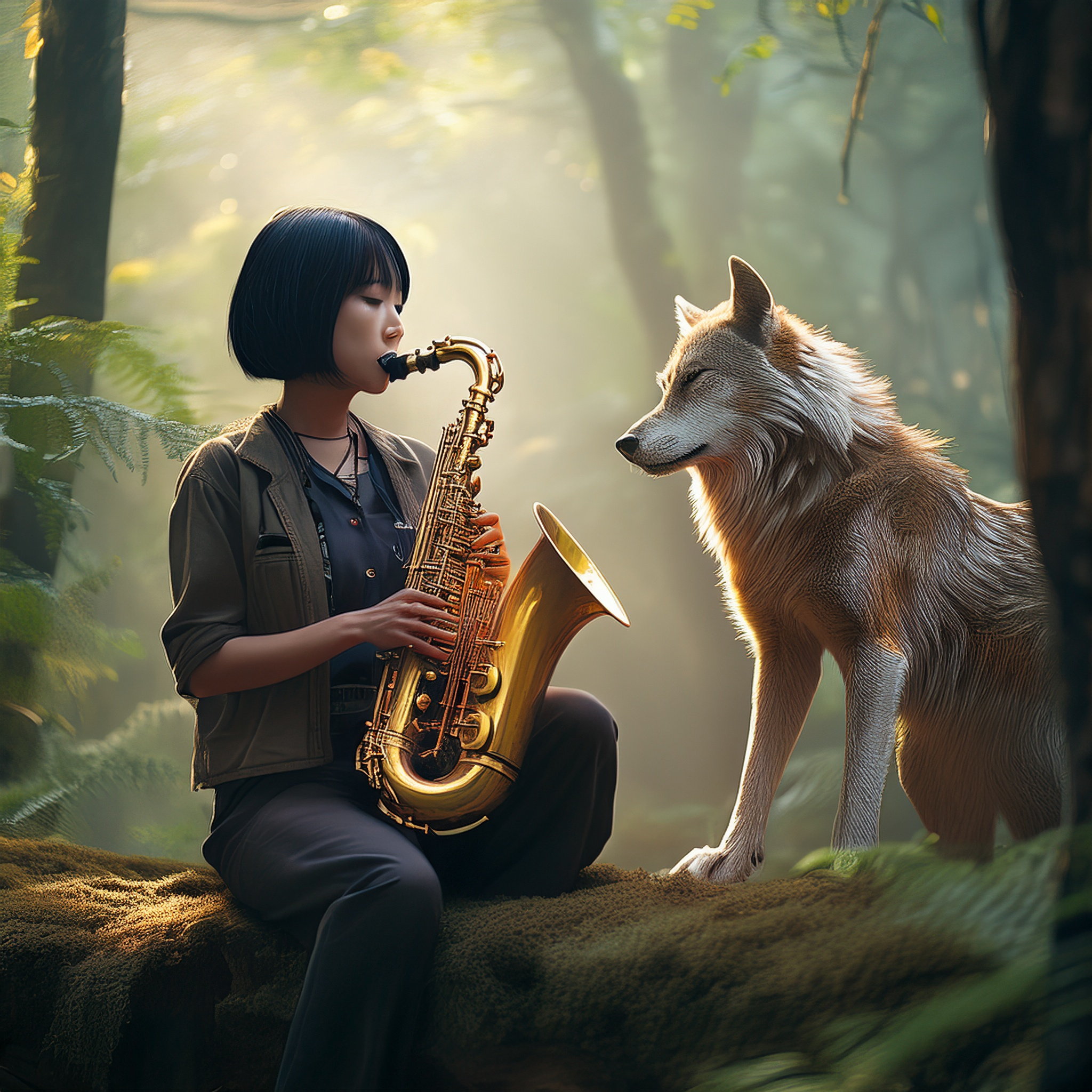 Young Chinese women with short hair plays saxophone in the forest and a wolf is listening